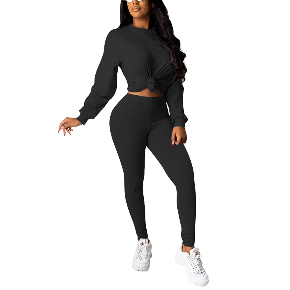 

Fadzeco 2 Piece Outfits Sweatsuit Solid Long Sleeve O Neck T Shirt Crop Tops and Skinny Long Pants Set Tracksuits Sportswear