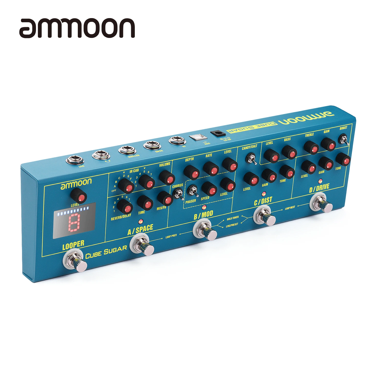 

ammoon CUBE SUGAR Combined Guitar Effects Pedal 5 Analog Effects(Boost/Overdive/Distortion/Chorus/Phaser) Delay/Reverb Effects