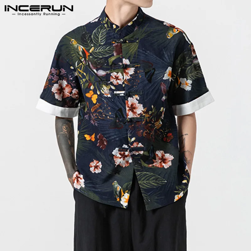 INCERUN Chinese Style Men Shirt Floral Print Button Short Sleeve Stand Collar Blouse Tops Street Vintage Casual Brand Shirts Men INCERUN Chinese Style Men Shirt Floral Print Button Short Sleeve Stand Collar Blouse Tops Street Vintage Casual Brand Shirts Men