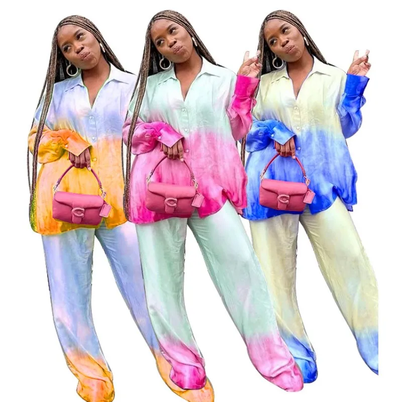 Two Piece Set Women 2021 New Fashion Sexy Loose Gradient Long-sleeved Shirt + Elastic Waistlong Pants Ladies African Suit Office