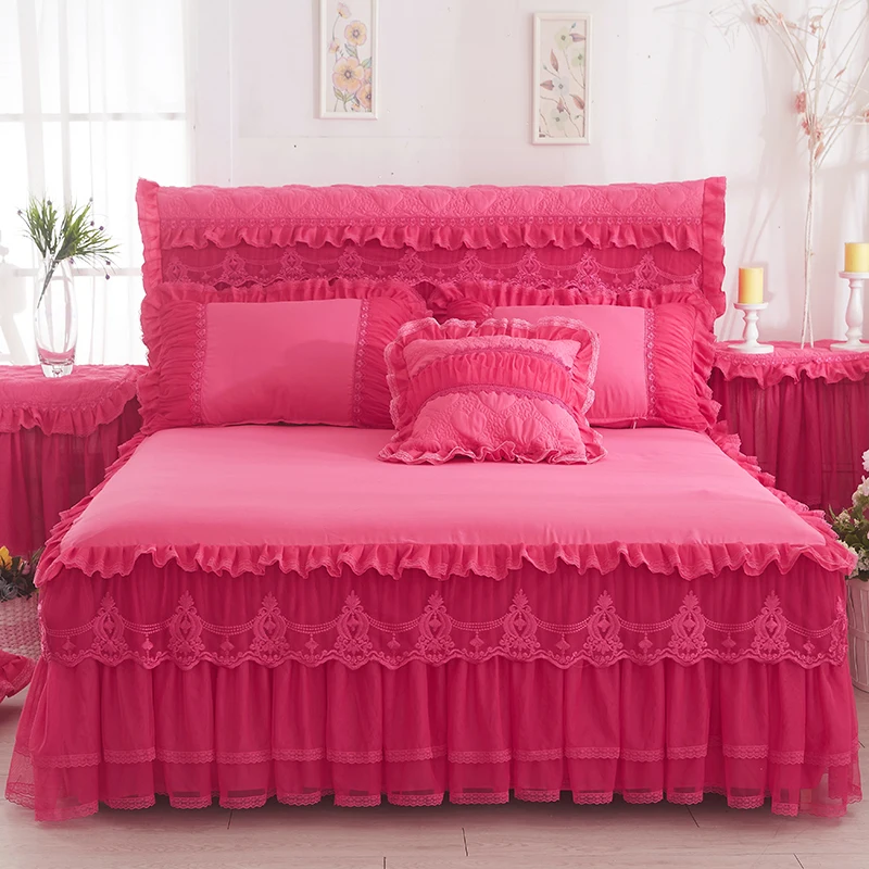 1 шт. кружевная кровать юбка+ 2 шт. наволочки постельное белье Комплект Принцесса Кружева Постельные принадлежности Покрывала простыня для девочек King queen размер - Цвет: Rose Red