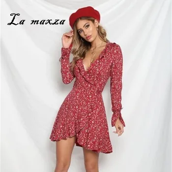 

2020 Elegant Spring Women Print Dress Casual Deep V-neck Ruffles Long Sleeves Mini Dress