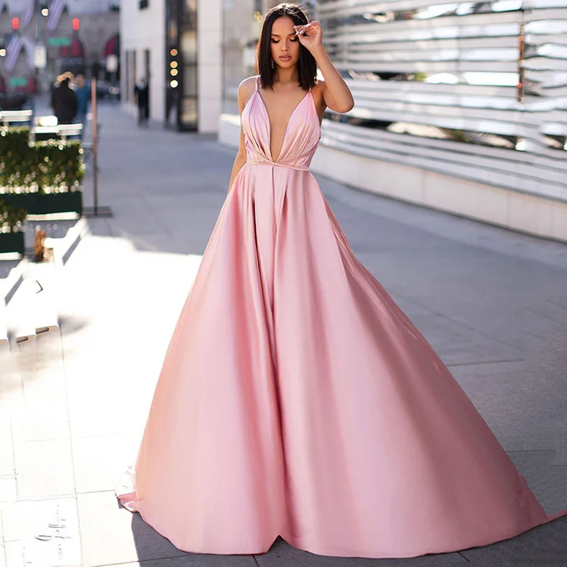 

Eightree Pink A-line Evening Dress Long Spaghetti Backless Formal Party Gown vestidos de fiesta de noche Vintage Prom Dresses