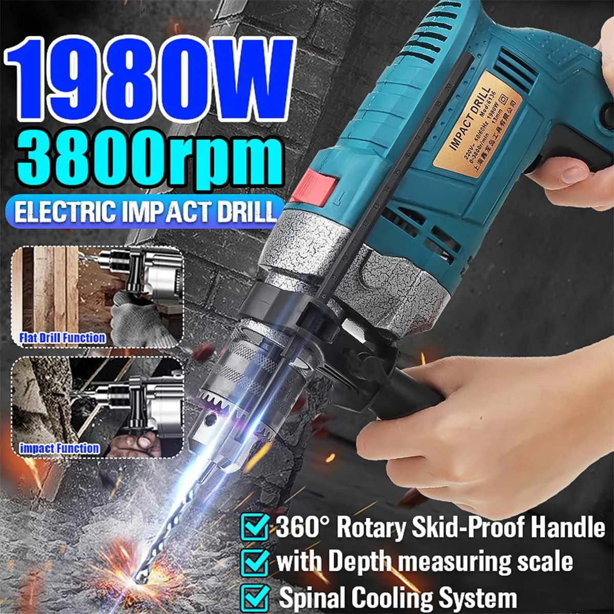1980W 220V 3800rpm Electric Impact Drill Kit with