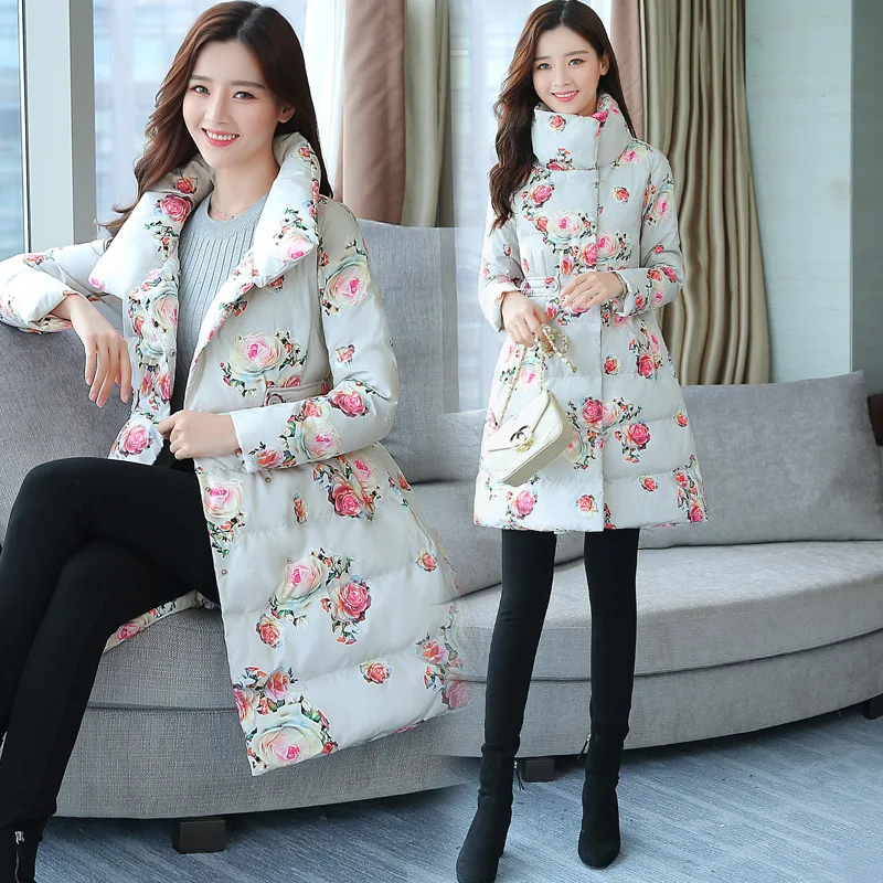 

Fashion Cotton-padded Clothes Women's 2019 New Style Korean-style Mid-length down Feather Cotton Jacket High Collar Printed Cott