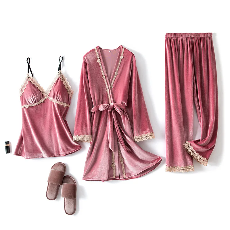 Kupokasi 3Pcs Gold Velvet Pajamas Set For Women Winter Sleep Suit Sexy Homewear Pijama Girl Pajama Home Robe Wear