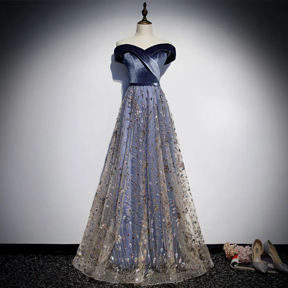 Robe De Soiree Longue элегантное платье с открытыми плечами для выпускного вечера корсет бархатный топ Тюлевая юбка с блестками торжественное платье для женщин