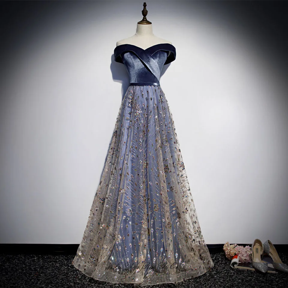 Robe De Soiree Longue Elegant Off Shoulder Prom Dresses 2020 Corset Fluwelen Top Tule Rok Met Pailletten Formele Jurk Voor vrouwen Robe De Soiree Longue Elegant Off Shoulder Prom Dresses 2020 Corset Fluwelen Top Tule Rok Met Pailletten Formele Jurk Voor vrouwen