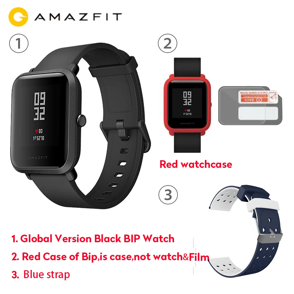 Официальные Смарт-часы Amazfit Bip, gps, умные часы, 45 дней в режиме ожидания, монитор сердечного ритма, будильник, вибрация, IP68, водонепроницаемые, напоминание о звонках - Цвет: Red Case Blue Strap