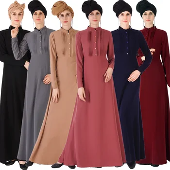 

Muslim Solid Color Elegants Lone Sleeve Women's Robes Dress Abayas For Women Dubai High Waist Pleated Kaftan Islamic Clothing