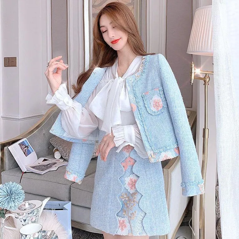 

2022 New Autumn Winter Women Suits High Quality Fashion Embroidery Vintage Tweed Short Coat And Chic Mini Skirt Two Piece Set
