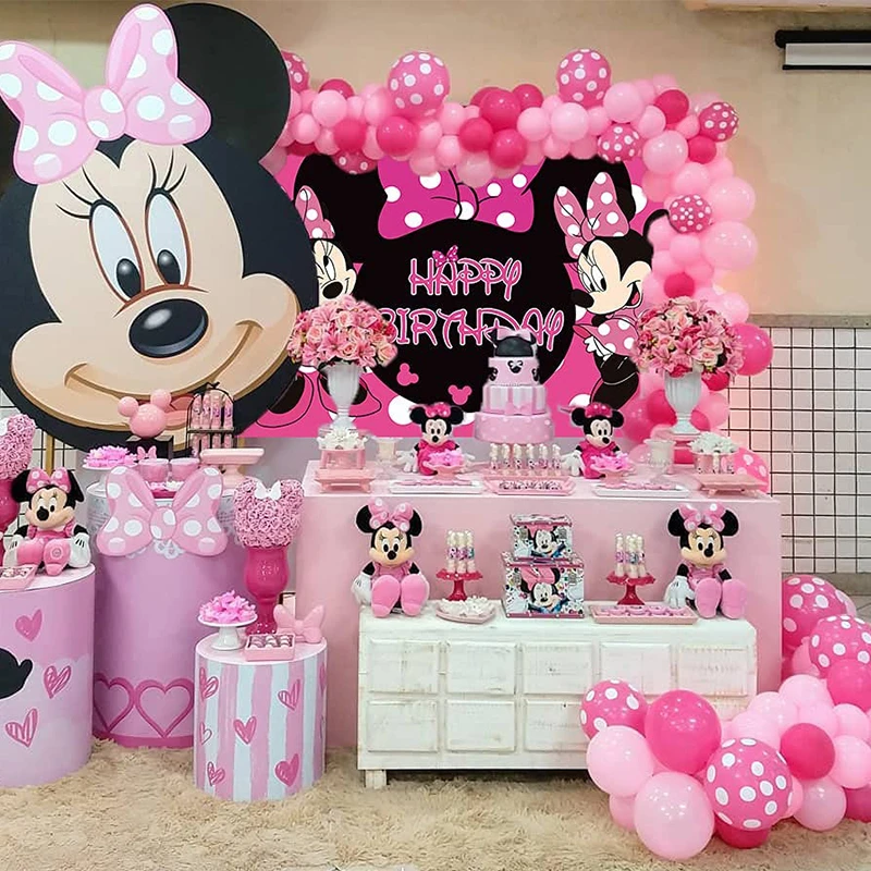 Telón de fondo de Minnie Mouse para niñas, Fondo de fotografía de feliz  cumpleaños, suministros para fiesta de bebé|Fondos para fiestas| -  AliExpress