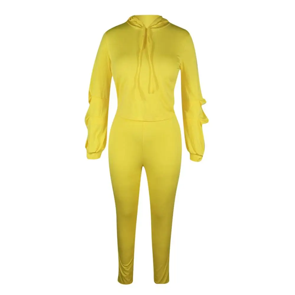 Yellow Women 2Pcs Sport Running Set Casual Solid Long Sleeve Crop Top Hooded Long Pant Suit Female Outdoor Jogging Tracksuit For - Color: Yellow