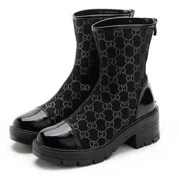 

Platform Women's Boots; 2020 New Autumn Breathable Mesh Leather Stitching High-heel Boots; Fashionable Single Boots