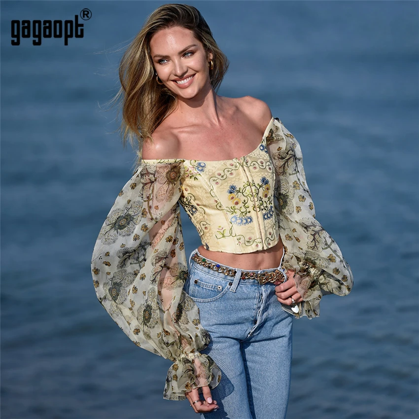 Gagaopt с открытыми плечами укороченные топы женские осенние Рубашки цветочным