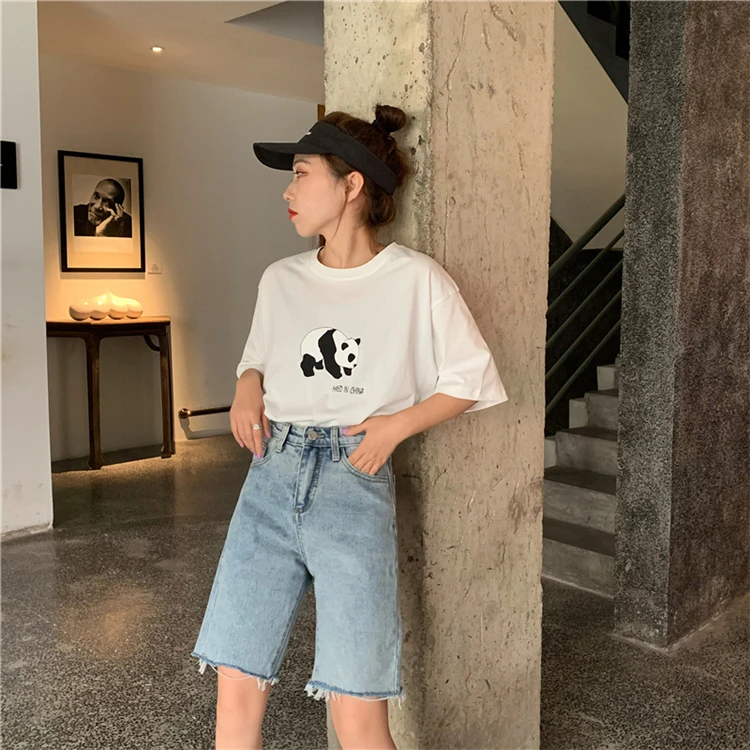 Pengpious summer new loose denim shorts frayed hem high waist for school girls sweet short jeans
