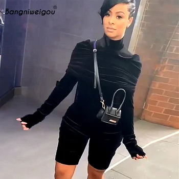 

Bangniweigou Long Sleeve Black Velvet Bodycon Playsuit Women Winter High Neck Skinny Streetwear Club Bodysuit Fashion Outfits
