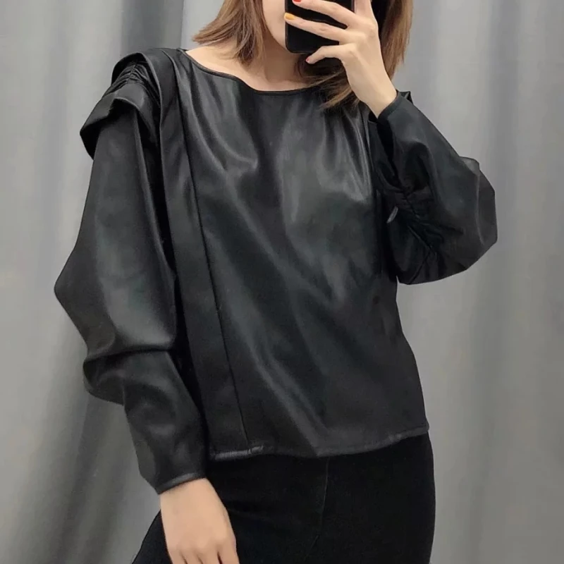 Leisure Women Cascading Decoration PU Leather Shirt Spring Lady Long Sleeves Blouses Loose Tops S6792