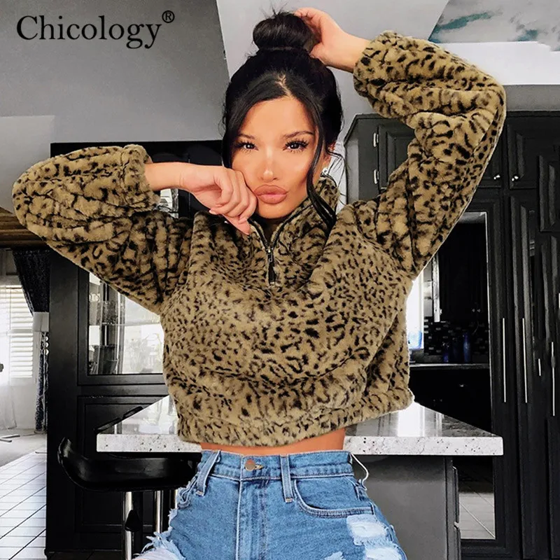Chicology мех бархатное бархат Леопардовый Свитшот женское длинным рукавом Лонгслив Застежка-молния кроп Топ на осень-зиму уличная одежда повседневное леди Поп одежда