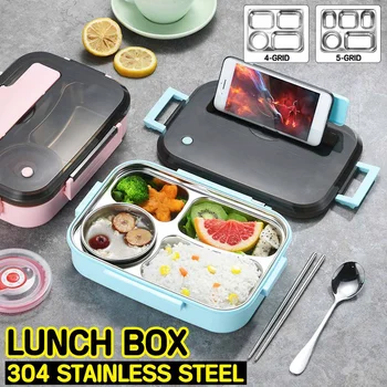 

304 Stainless Steel Lunch Box Bento Box Microwave Heating Food Container Tableware No Overflow Non-toxic 4-Grid/5-Grid