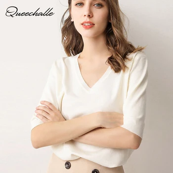 

Solid Sweater Women Pullover Sweaters Spring Summer Half Sleeve Loose Knitted Sweater Female V-neck Casual Knit Sweater Tops