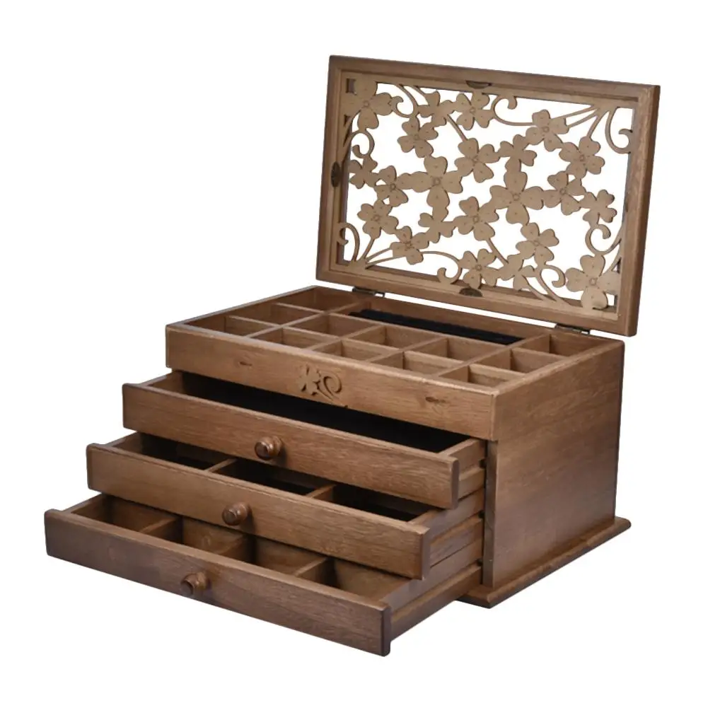 New 3-Layer Cherry Jewelry Storage Box Wooden Jewelry Bag Organizer Case With 3 Drawers Dark Brown For Earrings Necklace Hairpin