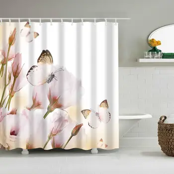 

Shower Curtain Waterproof Thicken Pink Flowers Butterfly Bathroom Polyester Mildew Proof Bath Tub with 12 pcs Hooks