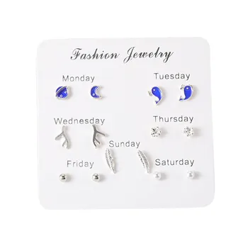

Women Heart Star Mini Earrings Set Fashion Girl Small Jewelry Square Leaf Pearl 6-pairs Stud Earring Sets Lady Mini Jewelry Gift