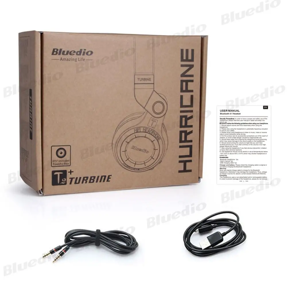 Bluedio T2+ беспроводные Bluetooth 5,0 стерео наушники sd-карта и FM радио гарнитура складная с микрофоном Высокий Бас Звук - Цвет: Black retail box