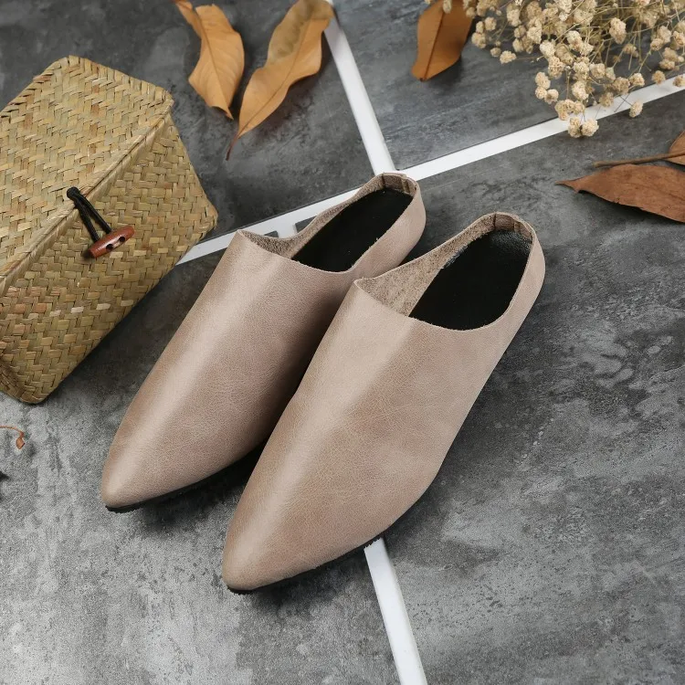 

2019 Summer New Style Closed-toe Semi-Slipper Handmade Leather Slippers Artistic Pointed-Toe Grandma Shoes Women's