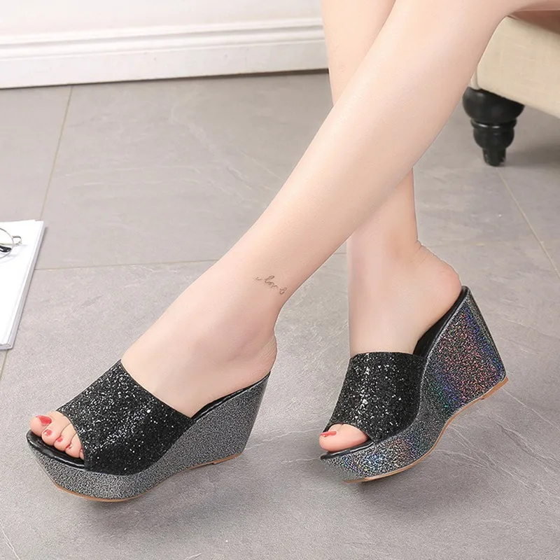 Women Slipper Sandals Heels Wedges Platform Leather Peep toe Crystal Elegant Female Sandals Ladies Mules clogs Summer Shoes