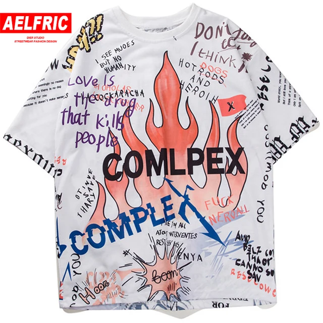 US $15.98 11 BYBB'S DARK Mens Short Sleeve T-shirt Graffiti Tees Shirts Flame Print Skateboard Tshirts Male C