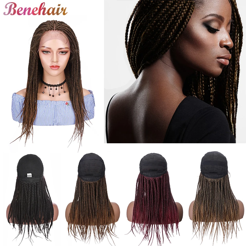 Benehair 20inch Synthetic Braided Wig Black Wine Red Brown Lace Front Wig With Baby Hair Box Braids Wigs For Women Daily Use