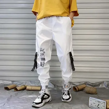 

Hip hop Streetwear Men Harem Cargo Pants Korean Jogger Sweatpants Solid color Black White Ankle Length Trousers White Techwear
