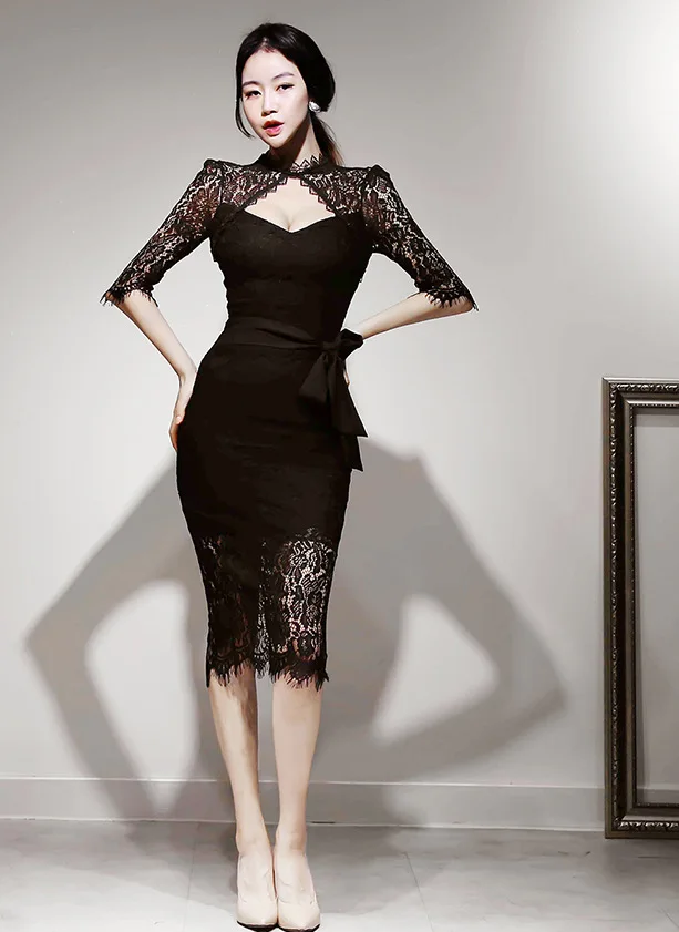 Весеннее новое черное кружевное платье горячая Распродажа высококачественное обтягивающее женское платье с 3/4 рукавом сексуальное элегантное платье с бантом Vestidos