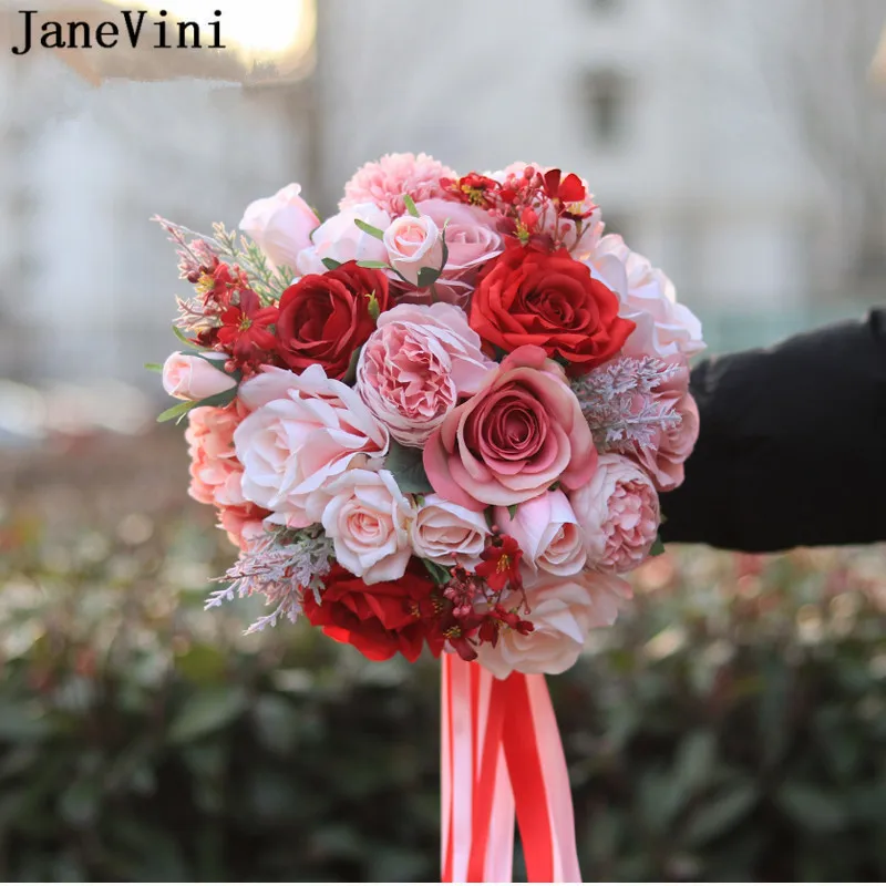 JaneVini Sweet Pink Red Rose Wedding Bouquet for Bride Bruid Ribbon Artificial Silk Outside Wedding Flowers Bridal Bouquet Fleur