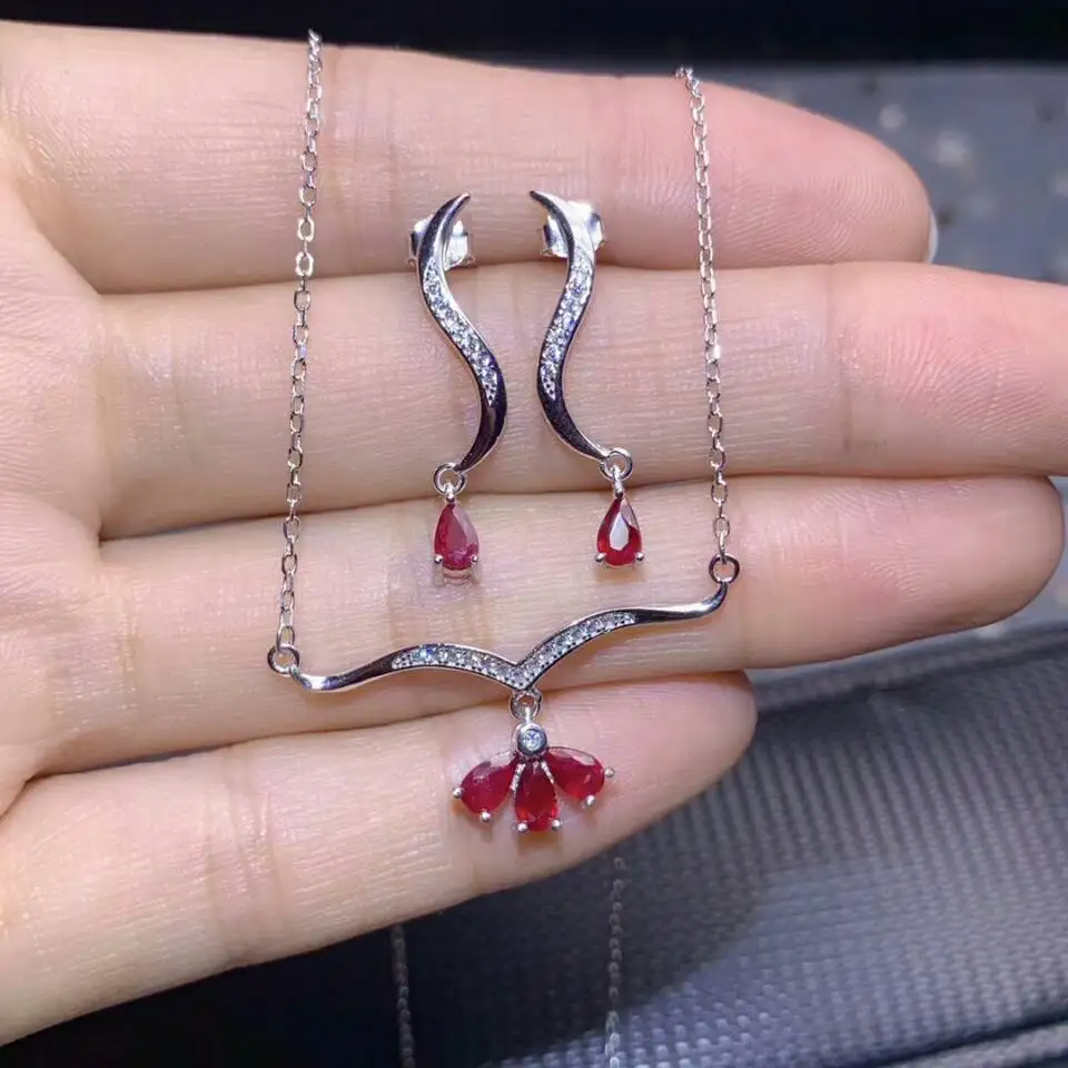 

MeiBaPJ Natural Ruby Gemstone 925 Sterling Flower Silver Earrings Pendant Necklace 2 Suits Fine Wedding Jewelry Sets for Women
