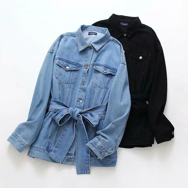 

2019 Fashion Fold-down Collar Long Sleeve Single Breasted Elastic Waist Bow Belt Long Slim Fit Jeans Coat WOMEN'S Dress