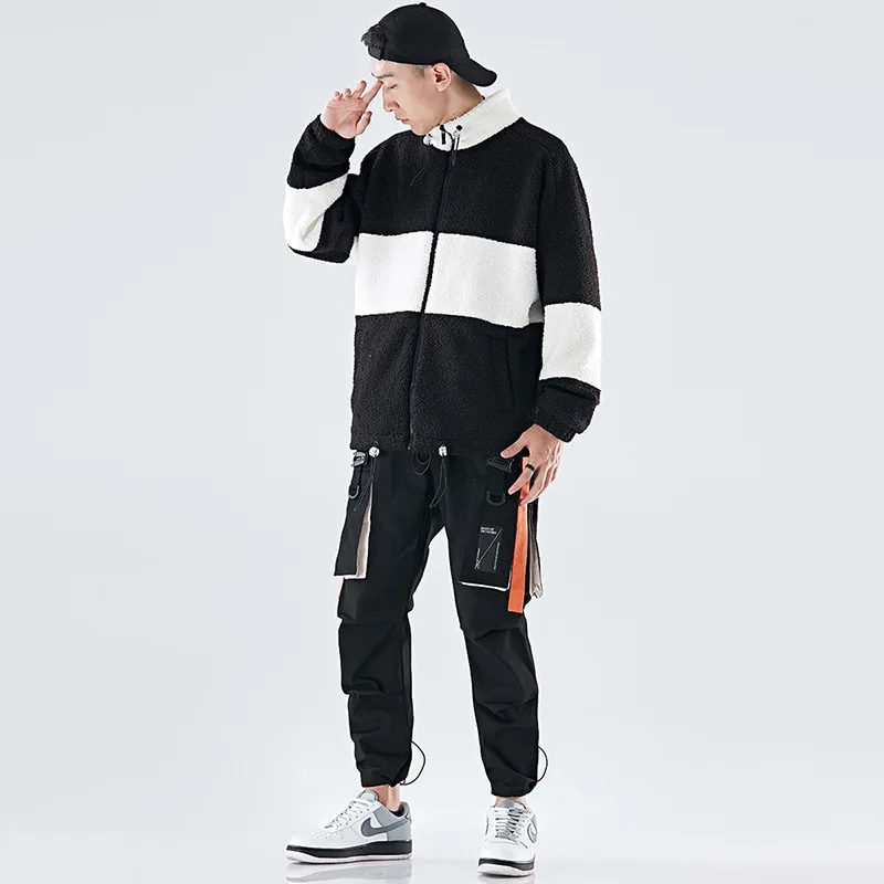 

[Jacket + Bib Overall] INS Origional Design Set Men's Berber Fleece Long Sleeve Jacket National Trends Bib Overall