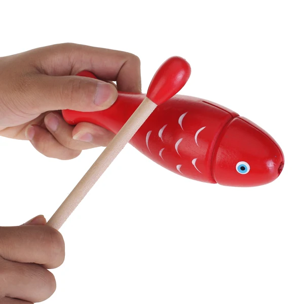 10-Bell Jingle Shaker Rainbow Color Stick Red Wooden Block Fish Kids Musical Toy