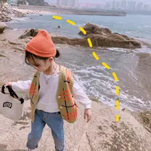 Г. Новое поступление, Осенний хлопковый Повседневный вязаный жилет в клетку в Корейском стиле, Модный милый свитер для маленьких девочек и мальчиков