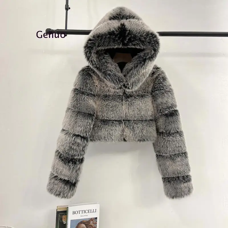 

High Quality Furry Cropped Faux Fur Coats 2021 New Jackets Women Fluffy Top Coat with Hooded Winter Fur Jacket Manteau Femme