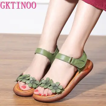 

GKTINOO 2020 Summer New Original Retro Genuine Leather Women's Sandals Open Toe Sandals Flowers Casual Flat Women's Shoes