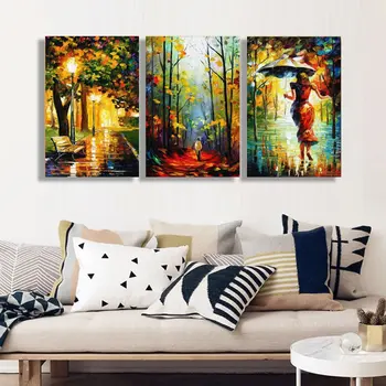 

3 Piece Street Light Wall Pictures Tree Rainy Night Canvas Art Abstract Paintings For Home Living Room Bedroom Decor No Frame