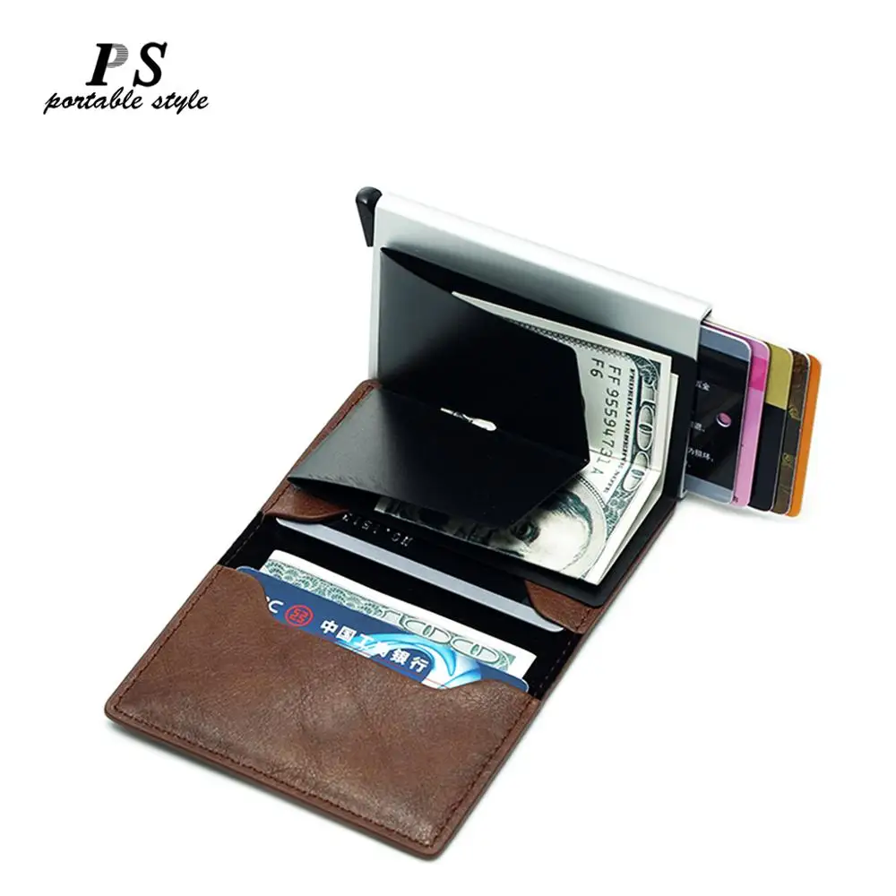 Comprar 2019 nuevo soporte cartera pequeña billetera inteligente cartera de calidad superior para hombre bolsa de dinero Mini monedero hombre Automatica tarjeta Rfid de aluminio vallet