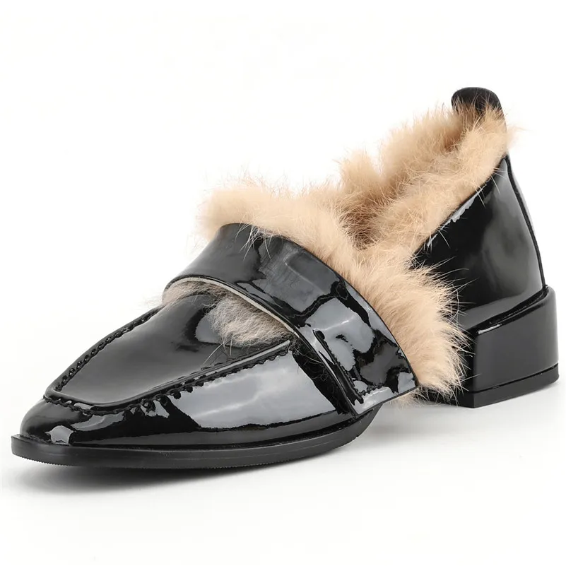 

2020 New Shallow Warm Plush Women Pumps Brand Casual Office Shoes Woman High Heels Cow Patent Leather Winter Loafers