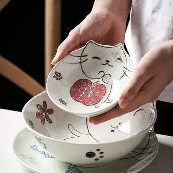 

Japanese Style Ceramic Cat charger Plates Bowl Dishes Fruit Tableware Creative Cute Cartoon Lucky Cat Pattern dinner set