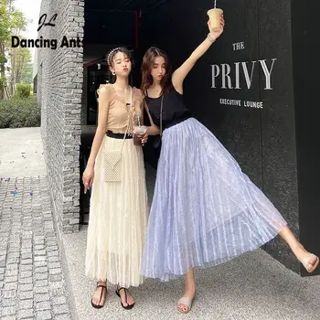 

Women A-line Skirts High Waist Fashion Mesh Solid Skirt Korean Elastic Waist Loose Casual Female Long Skirt 2020 Spring Summer
