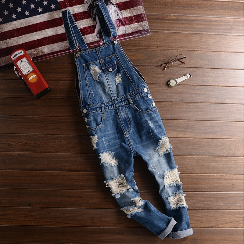 Blue Hole Overalls Men Denim Jumpsuit Ripped Tattered Jeans Bib Ankle Length Hip Hop Big Pocket Korean Cargo Pants Trousers