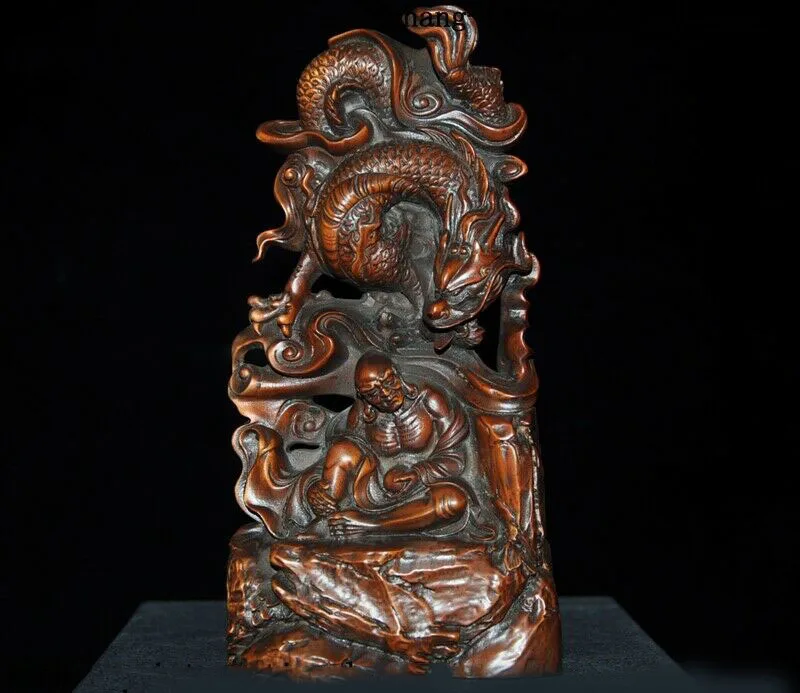 

wedding decoration China temple Boxwood Wood carved Dragon Arhat Damo Dharma Buddha Buddha statue